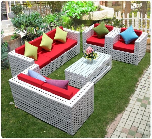 Outer sofa set bunai PVC vikar Ratan frem iron cushion waterproof glass 6 mm